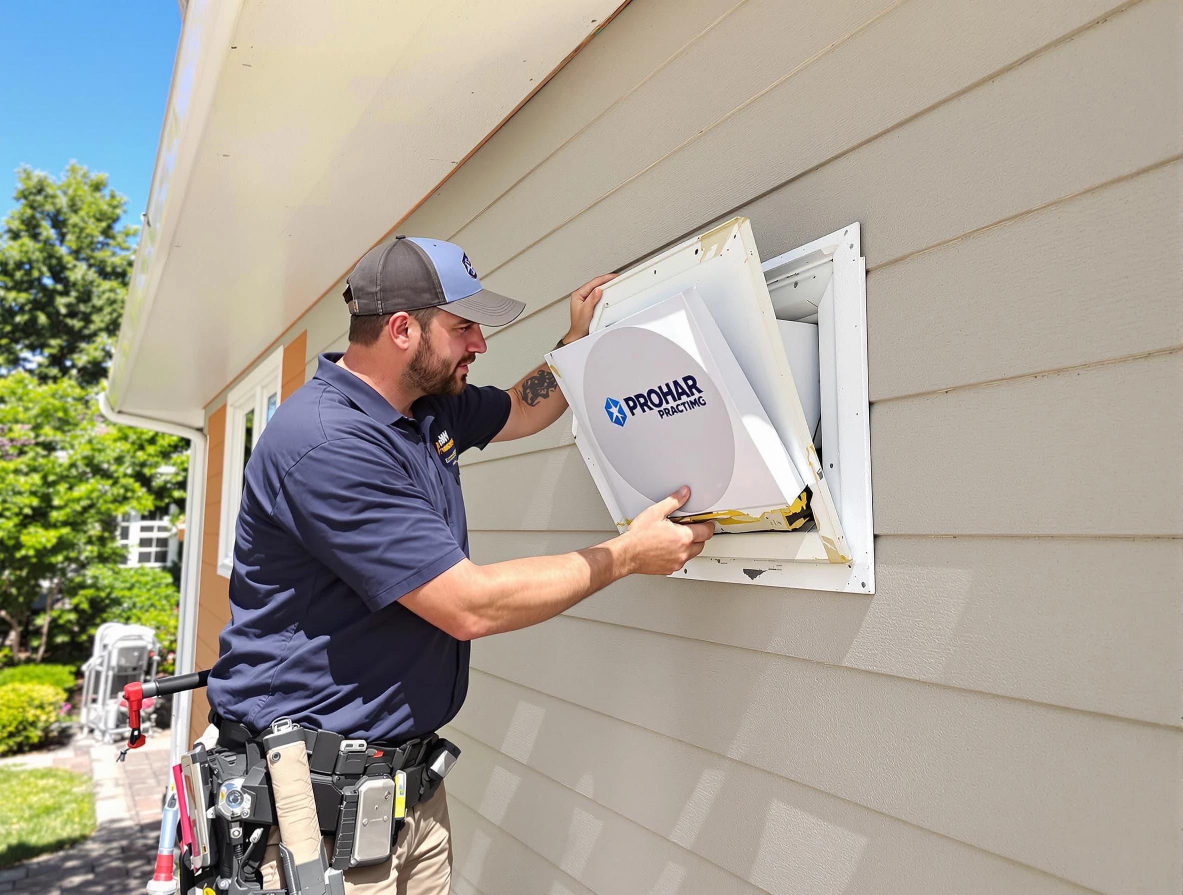 Manchester Dryer Vent Cleaning technician installing a new protective dryer vent cover on a home in Manchester