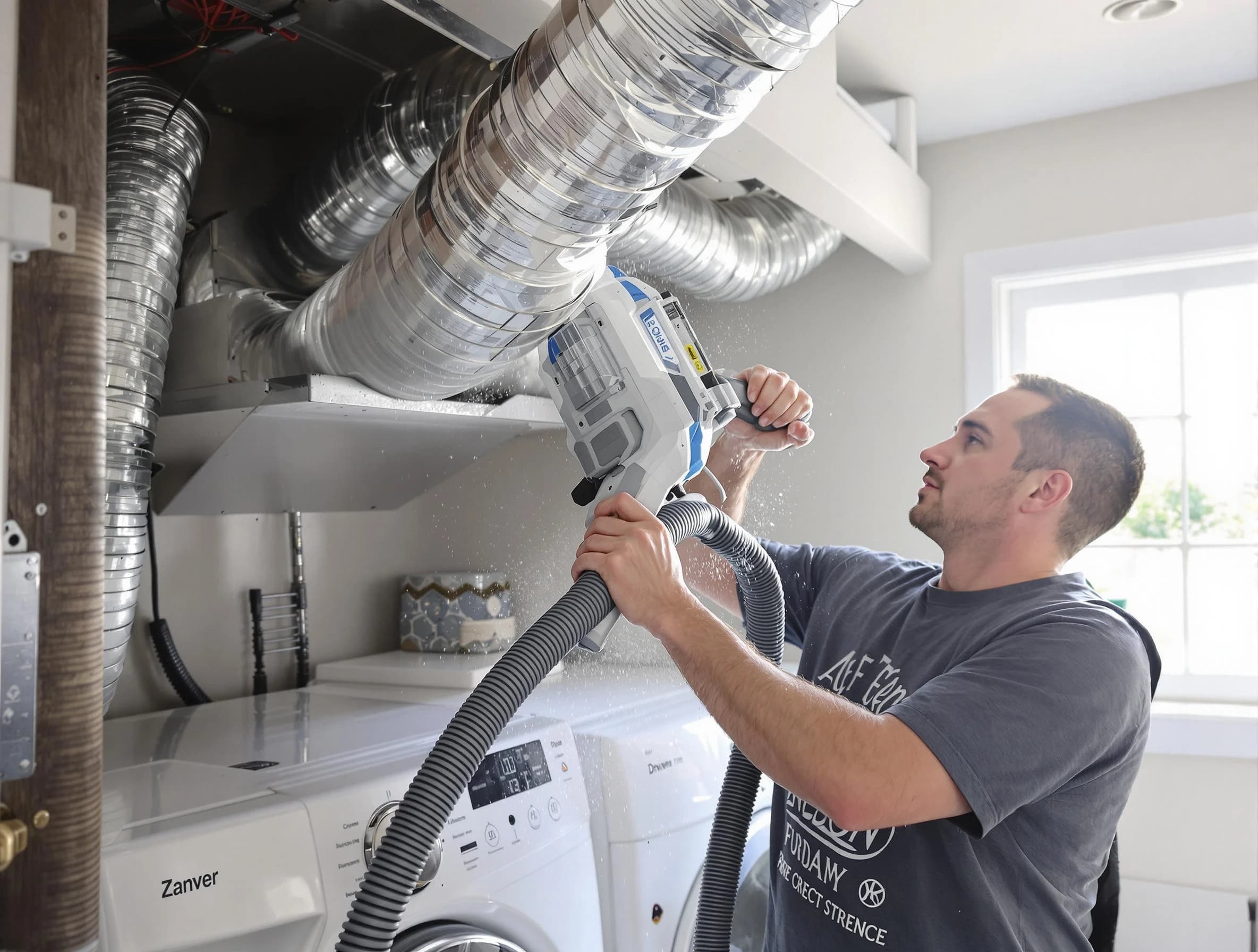 Manchester Dryer Vent Cleaning specialist cleaning deep within a dryer vent duct system in Manchester