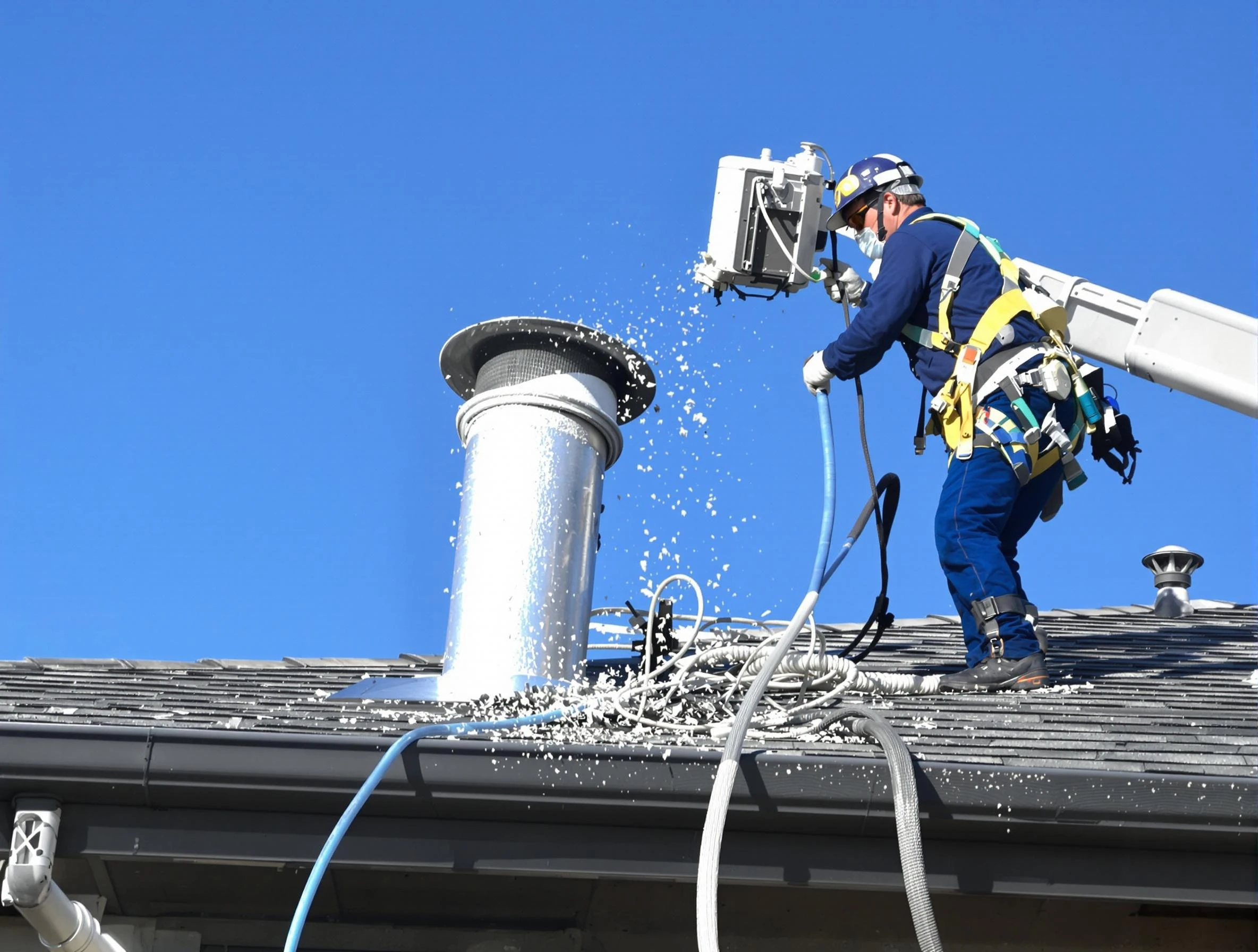 Manchester Dryer Vent Cleaning certified technician safely cleaning a roof-mounted dryer vent in Manchester