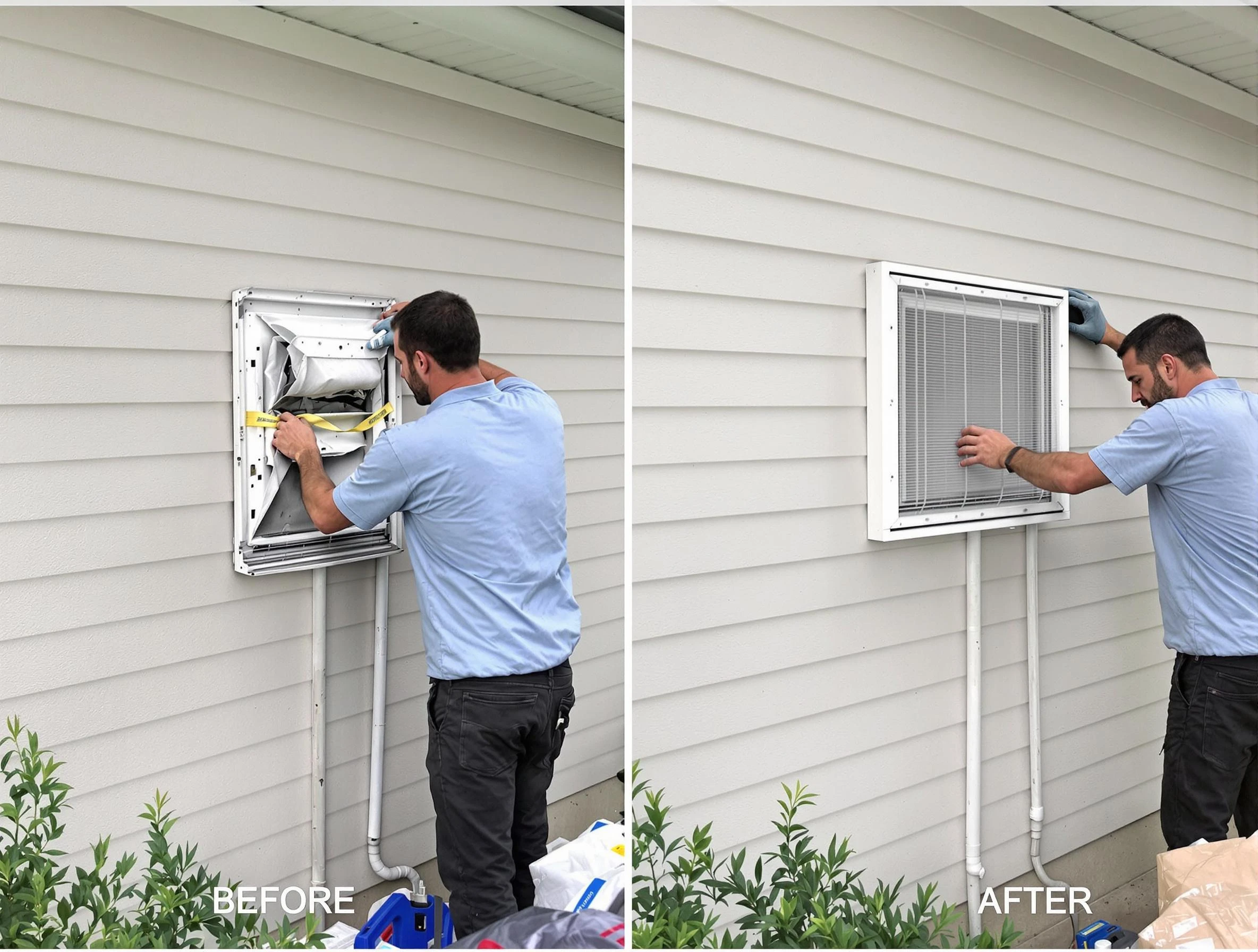 Manchester Dryer Vent Cleaning technician installing high-quality dryer vent cover at a residential property in Manchester